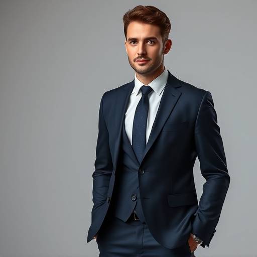A modern slim-fit navy suit with a subtle texture, designed for the contemporary professional's wardrobe.