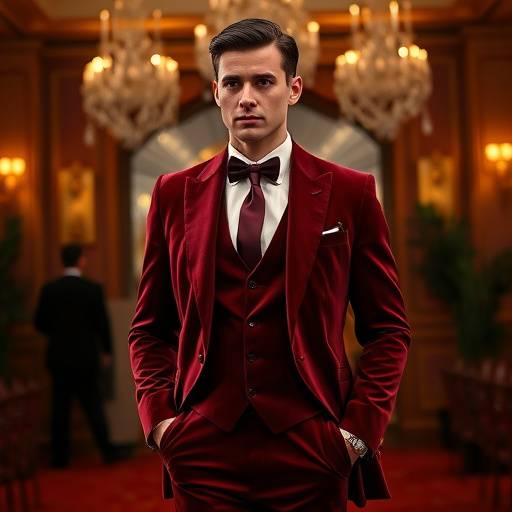A rich, deep burgundy three-piece bespoke suit made from velvet, presented for a special evening event.