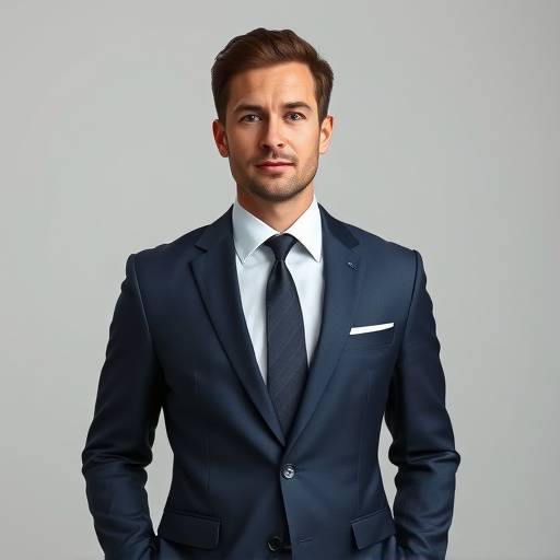 A sharp, navy blue single-breasted bespoke suit with peak lapels, worn by a confident businessman.