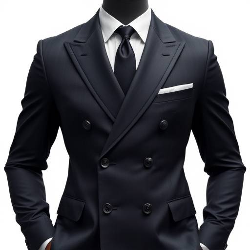 A stylish double-breasted suit with six buttons and peak lapels, showing a strong shoulder line.