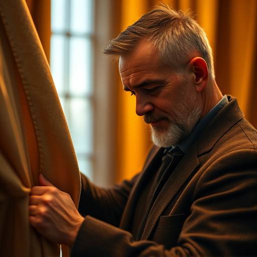 Elias Thorne, founder of Elysian Threads, examining fine suiting fabric.